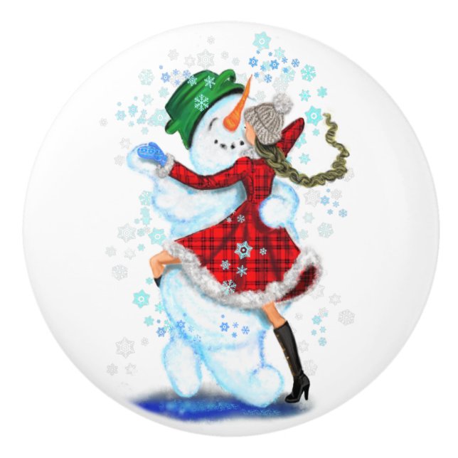 Weihnachts-Keramik Knob Snowman und Girl Dance Keramikknauf (Vorderseite)