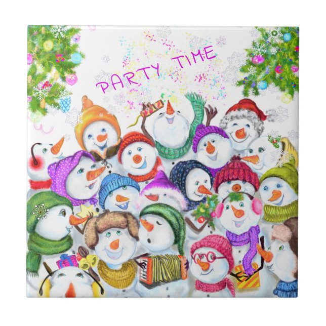 Weihnachts-Keramik Tile Geschenk Happy Snowmans Pa Fliese (Vorderseite)