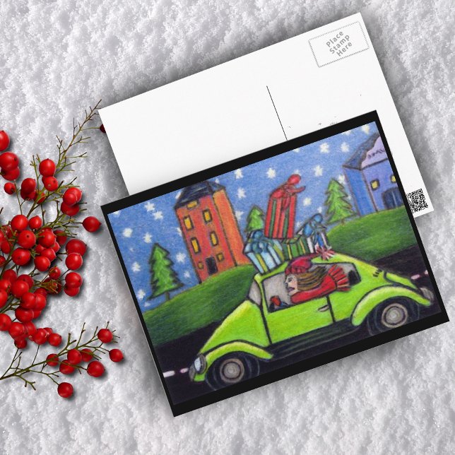 Weihnachts-Kfz-Geschenke Feiertagspostkarte (Woman driving car filled with christmas presents on Holiday postcard.)