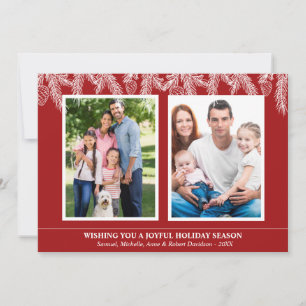Weihnachts-Kiefer-Schneeflocken-Familienfoto in Ro Feiertagskarte