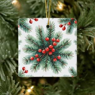 Weihnachts-Kiefernzweig & Rote Beeren Schmuck   Ru Keramikornament