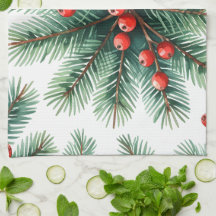 Weihnachts-Kieferzweig & rote Beeren Küchentuch 