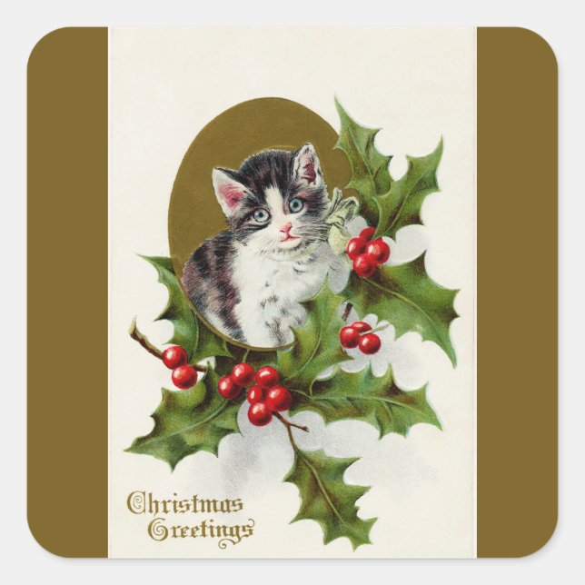 Weihnachts Kitten Gold Square Sticker (Vorderseite)