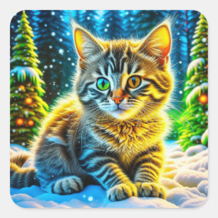 Weihnachts-Kitten im Schnee Quadratischer Aufkleber