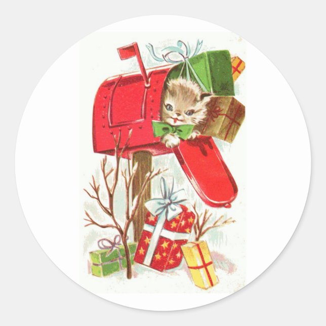 Weihnachts-Kitten in einem Red Mailbox-Design Runder Aufkleber (Vorderseite)