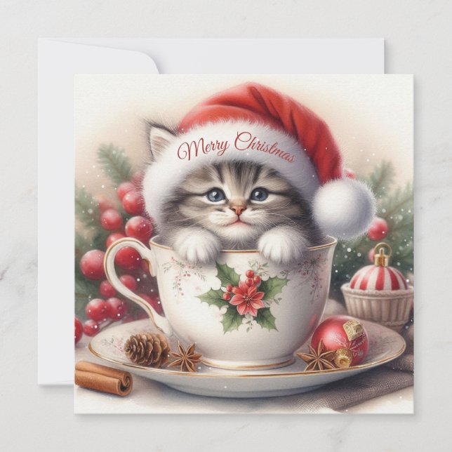 Weihnachts-Kitten in einem Teacup Feiertagskarte (Vorderseite)
