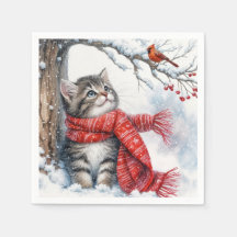 Weihnachts-Kitty sieht einen Kardinal