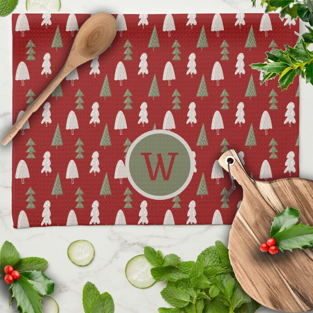 Weihnachts Klassische Bäume Custom Monogram Red Geschirrtuch (Von Creator hochgeladen)