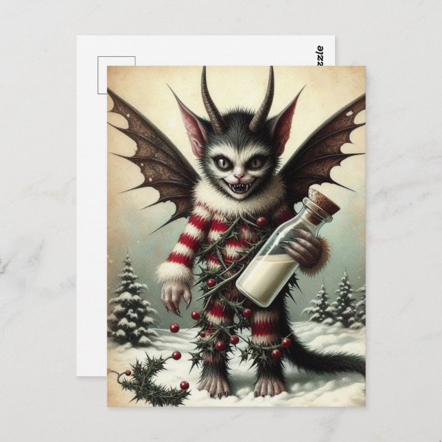 Weihnachts Krampus Kitty mit Milchflasche Postkarte (Vorne/Hinten)