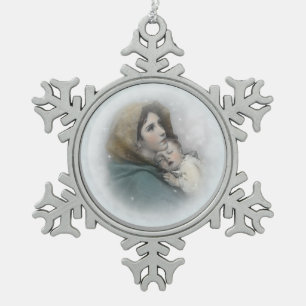 Weihnachts-Krippen-Madonna und Kind-Ornament Schneeflocken Zinn-Ornament
