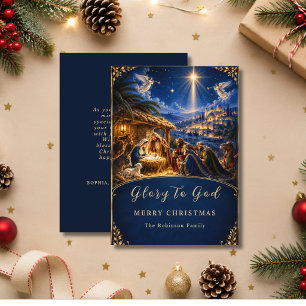 Weihnachts-Krippenszene Ehre sei Gott Blau Gold Feiertagskarte