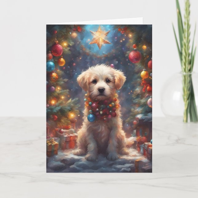 Weihnachts-Labradoodle-Welpenkunstkarte Feiertagskarte (Vorderseite)