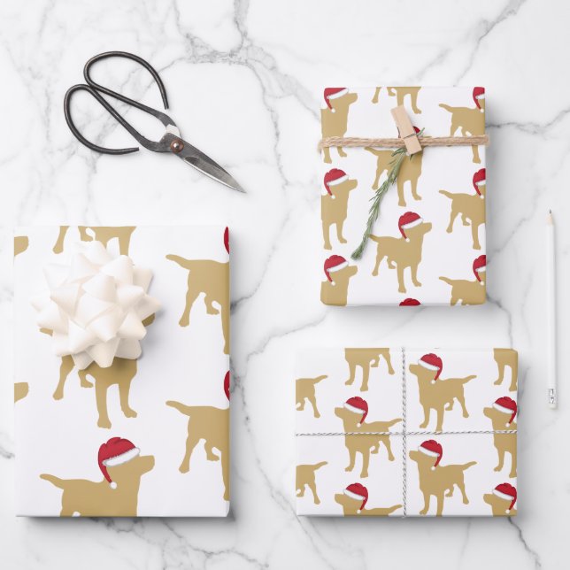 Weihnachts-Labrador-Gelber Hund in Weihnachtsmannm Geschenkpapier Set (Vorderseite)