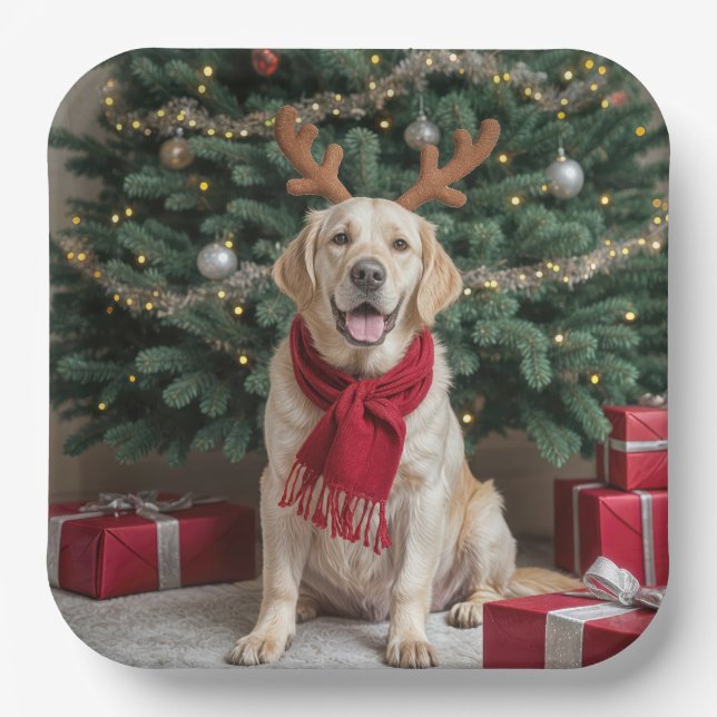 Weihnachts-Labrador Retriever mit Antlern Pappteller (Vorderseite)