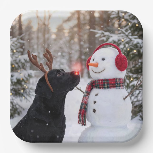 Weihnachts-Labrador Retriever mit Schneemann Pappteller (Vorderseite)