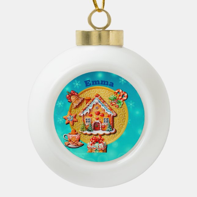 Weihnachts-Lebkuchen Candy House und Neujahr Keramik Kugel-Ornament (Vorderseite)