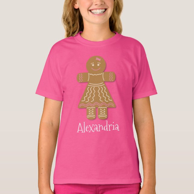 Weihnachts-Lebkuchen Girl Pink Ihren Namen hinzufü T-Shirt (Vorderseite)