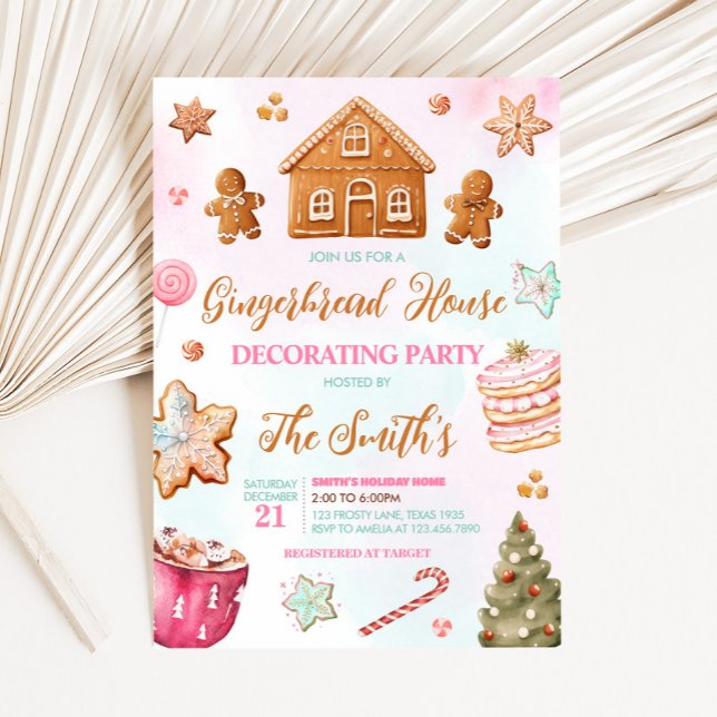 Weihnachts-Lebkuchen-Haus Dekorieren Party Einladung (Pink Christmas Gingerbread House Decorating Party Invitation )