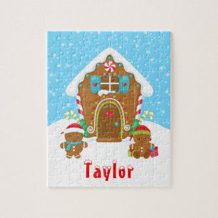 Weihnachts-Lebkuchen Haus Rot und Blau Puzzle