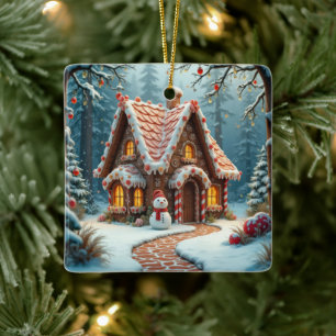 Weihnachts-Lebkuchen-Hütte mit einem Schneemann Keramikornament
