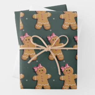 Weihnachts-Lebkuchen-Mädchen Rosa Schleife Coquett Geschenkpapier Set