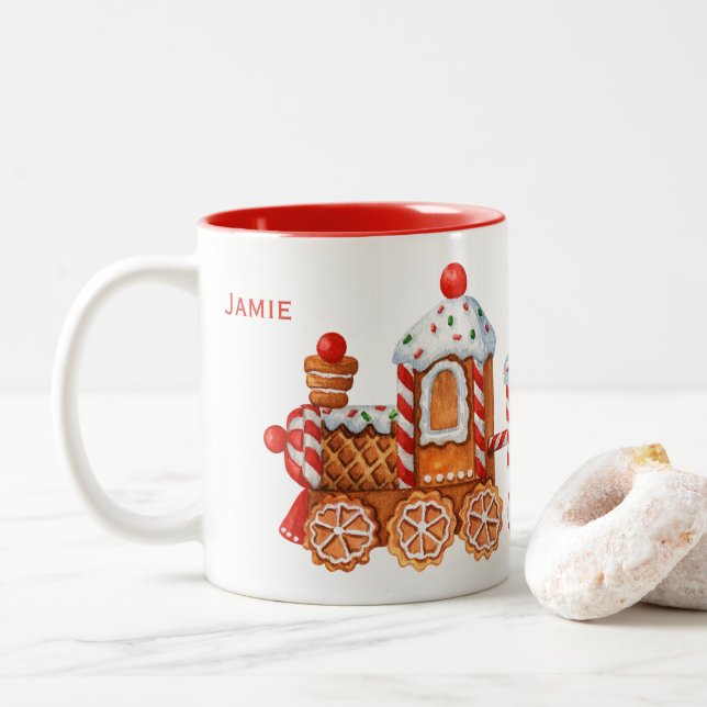 Weihnachts-Lebkuchen & Pfefferminzbahn Zweifarbige Tasse (Mit Donut)