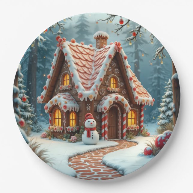 Weihnachts-Lebkuchenhäuschen mit einem Schneemann  Pappteller (Vorderseite)