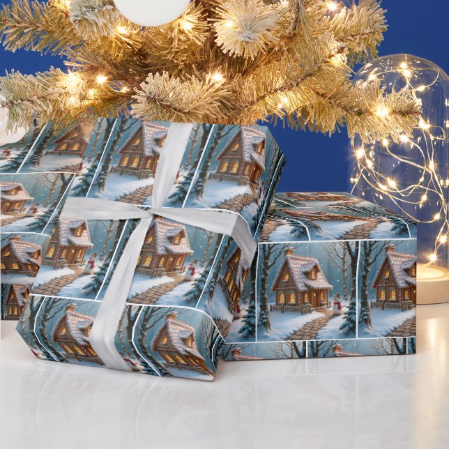 Weihnachts-Lebkuchenhäuschen mit Schneemann  Geschenkpapier (Feiertage)