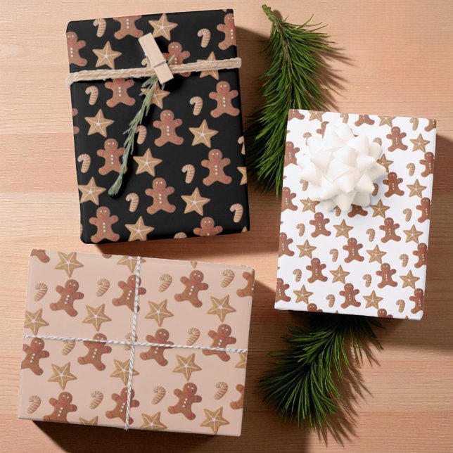Weihnachts-Lebkuchenmuster Geschenkpapier Set (Wrapped packages with each Christmas cookie pattern gift wrap sheet.)