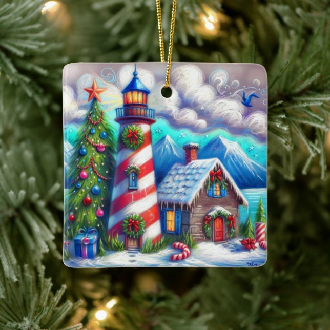 Weihnachts-Leuchtturm Nautical Coastal Mountain Keramikornament (Baum)