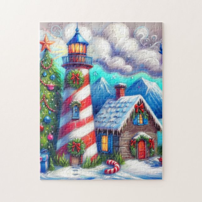 Weihnachts-Leuchtturm Nautical Coastal Mountain Puzzle (Vertikal)