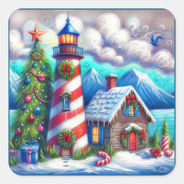 Weihnachts-Leuchtturm Nautical Coastal Mountain Quadratischer Aufkleber (Vorderseite)