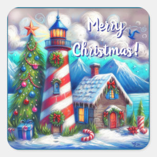Weihnachts-Leuchtturm Nautical Coastal Mountain Quadratischer Aufkleber