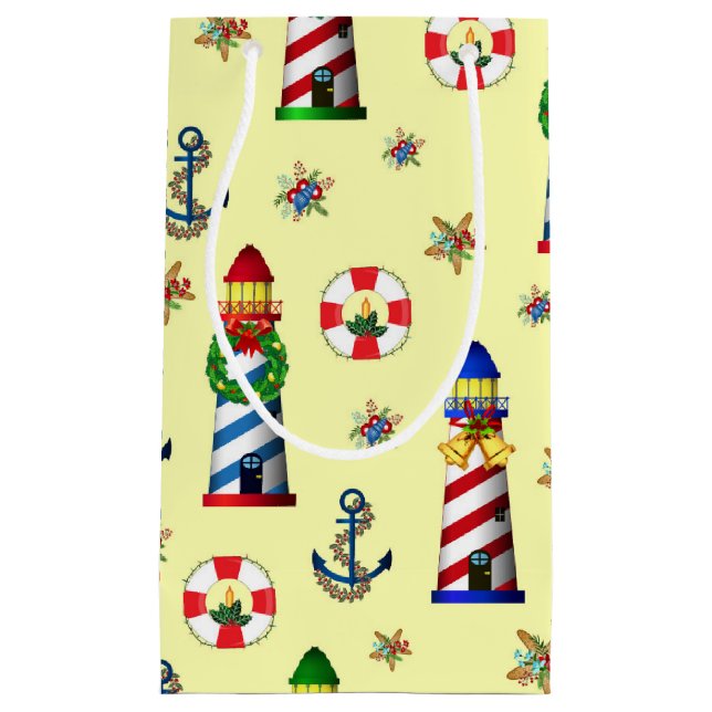 Weihnachts-Leuchtturm Nautical Yellow Background Kleine Geschenktüte (Vorderseite)