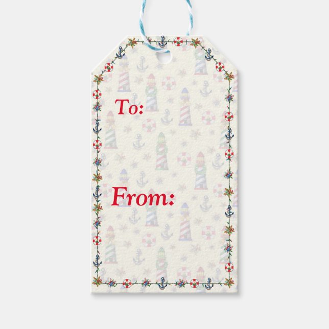 Weihnachts-Leuchtturm Nautical Yellow Geschenkanhänger (Vorderseite)