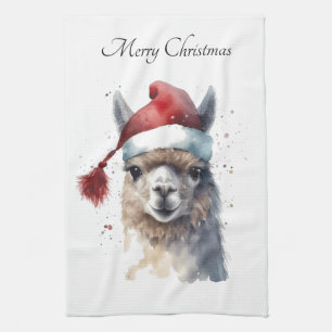 Weihnachts-Llama Wasserfarbe Santa Hut Benutzerdef Geschirrtuch