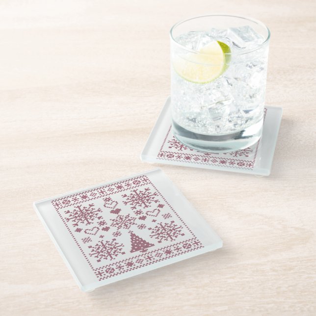 Weihnachts-Lover-Muster Sampler-Design Glasuntersetzer (Schrägansicht)