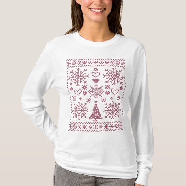 Weihnachts-Lover-Muster Sampler-Design T-Shirt (Vorderseite)