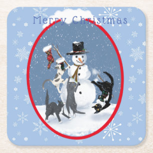 Weihnachts-lustige Katze und Schneemann #3 Rechteckiger Pappuntersetzer