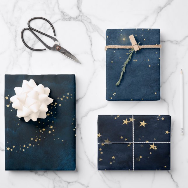 Weihnachts-Luxus goldener Sterne Blau Geschenkpapier Set (Vorderseite)