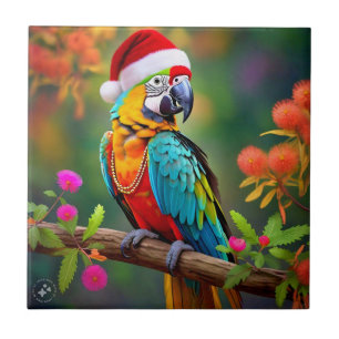 Weihnachts-Macaw mit einer Weihnachtsmannmütze-564 Fliese