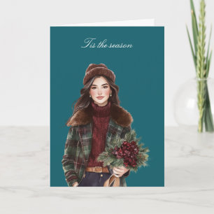Weihnachts Mädchen mit braunen Haaren und Blumen Karte