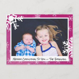 Weihnachts Magenta Snowflakes Familienfoto Karte