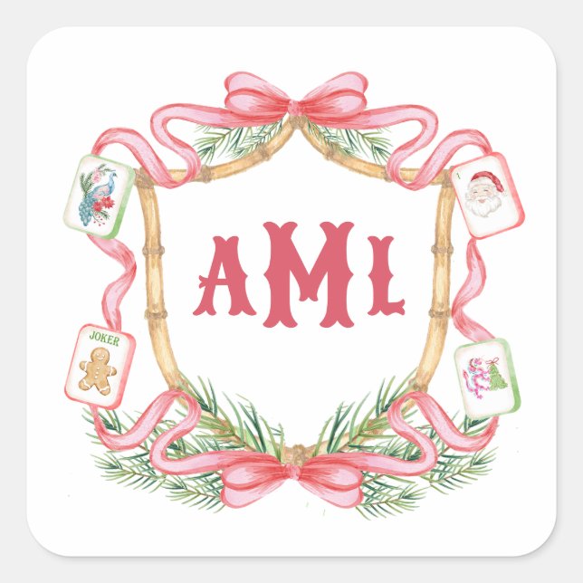 Weihnachts-Mahjong | Monogramm Quadratischer Aufkleber (Vorderseite)