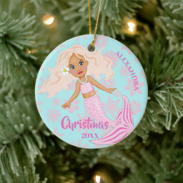 Weihnachts-Meerjungfrau Rosa Schneeflocken Foto Keramik Ornament