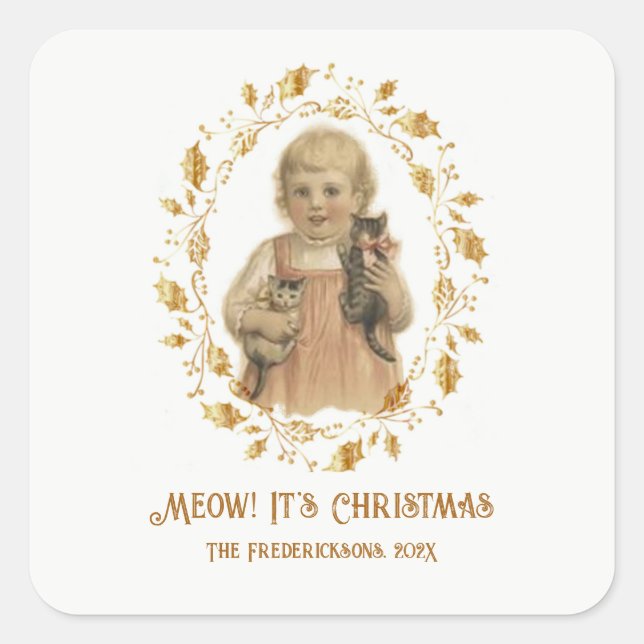 Weihnachts Meow Vintag Quadratischer Aufkleber (Vorderseite)