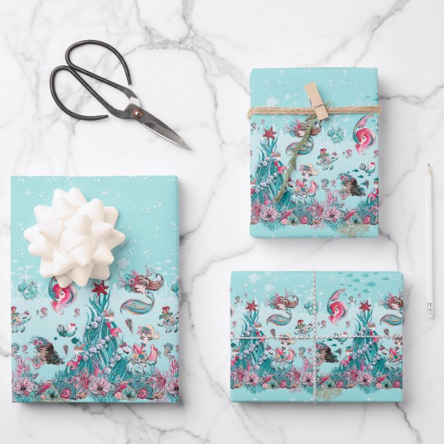 Weihnachts-Mermaid & Freunde Geschenkpapier Set (Vorderseite)