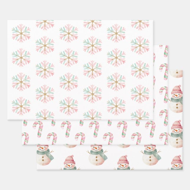 Weihnachts-Minze Rosa Schneeflocken Candy Snowman Geschenkpapier Set (Set)