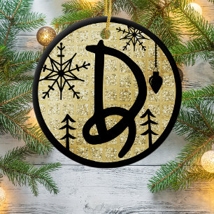 Weihnachts Monogram Letter D Black Gold Glitzer Keramik Ornament
