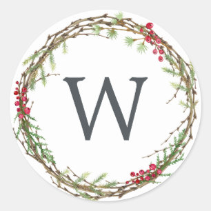 Weihnachts Monogram Winter Greenerity Wreath Berri Runder Aufkleber